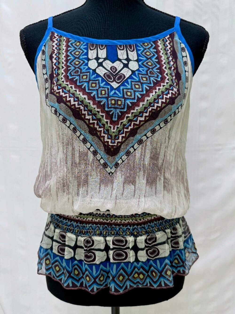 Da-Nang 100% Silk Boho Tribal Print Sheer Blouson Tank Top Size S